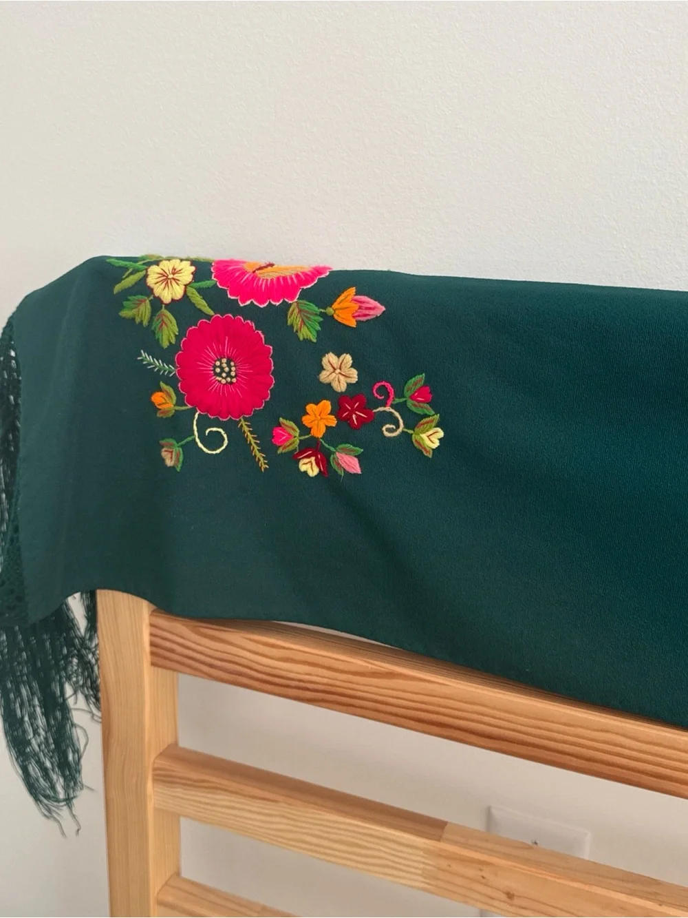 Hand Embroidered Mexican Rebozo Shawl Forest Green 3 Floral Motifs Fringe 70